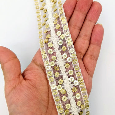 Nine Yards White Net Lace Trim Floral Embroidered With Gold Sequins, Sequinned Trim, Wedding Trim Bridal Trim